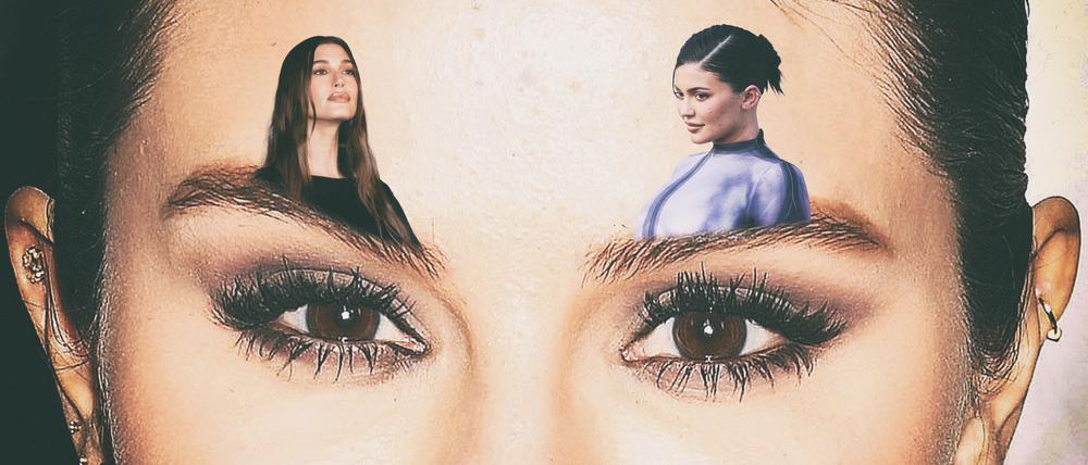 Hailey Bieber (li.) und Kylie Jenner (re.) lästerten über Selena Gomez’ (unten) Augenbrauen (mittig).
