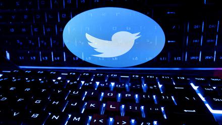 Eine beleuchtete Tastatur vor dem Twitter-Logo.