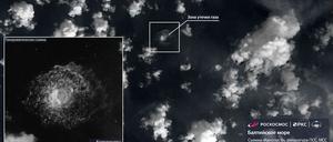 FILE PHOTO: A satellite image shows gas from the Nord Stream pipeline bubbling up in the water following incidents in the Baltic Sea, in this handout picture released September 29, 2022. Roscosmos/Handout via REUTERS ATTENTION EDITORS - THIS IMAGE HAS BEEN SUPPLIED BY A THIRD PARTY. MANDATORY CREDIT. WATERMARKS AND INFOGRAPHICS FROM SOURCE./File Photo