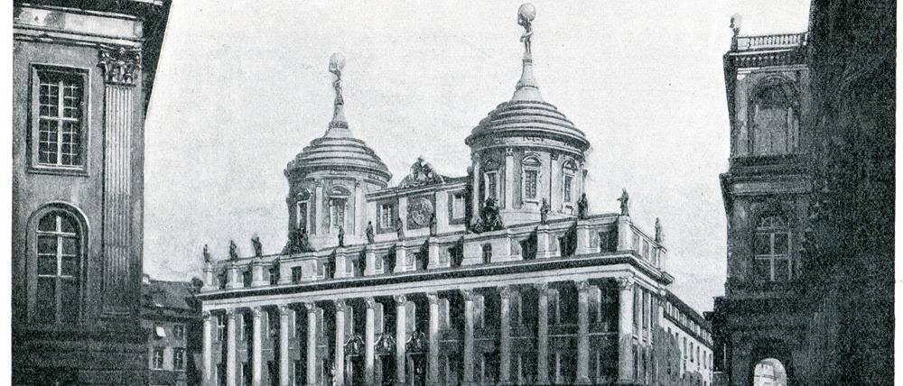 Zwei Türme und zwei Atlanten: So sahen die Pläne für Potsdams Altes Rathaus von 1913 aus.