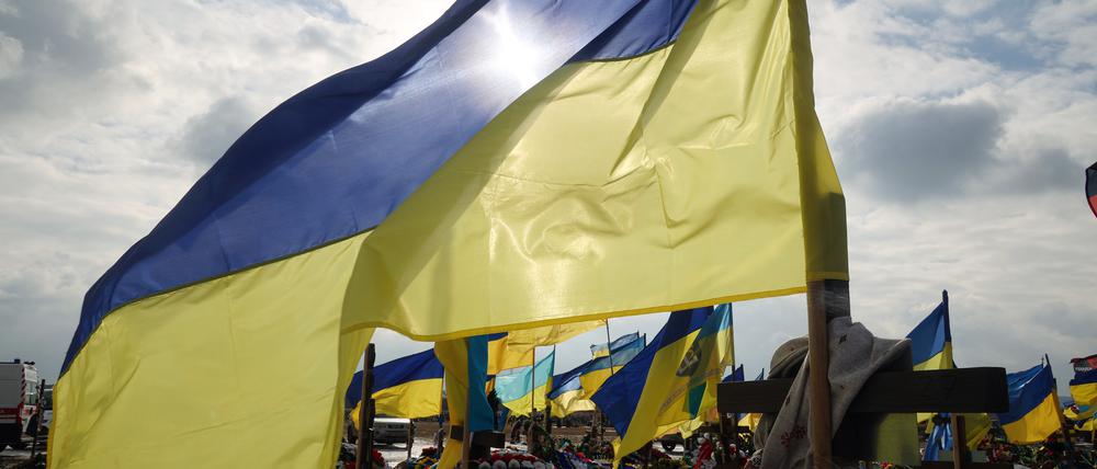 February 16, 2023, Kharkiv, Ukraine: National flags fly above the graves of perished Ukrainian defenders on the Alley of Glory at cemetery N18, Kharkiv, northeastern Ukraine. (Credit Image: © Vyacheslav Madiyevskyy/Ukrinform via ZUMA Press Wire) / action press