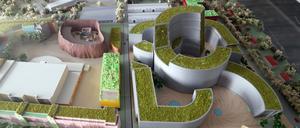 Das Modell der Media City neben der Vulkan-Arena des Filmparks.