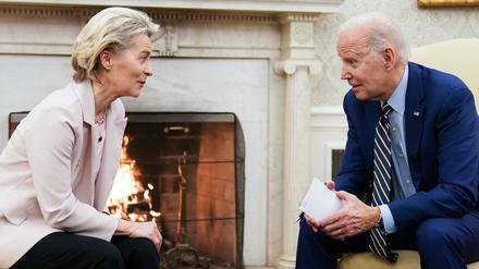 Ursula von der Leyen mit US-Präsident Joe Biden im Oval Office: Innerhalb der ersten 100 Tage will die EU-Kommissionschefin den Clean Industrial Deal vorstellen, die europäische Antwort auf den amerikanischen Inflation Reduction Act. 
