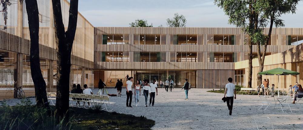 So sieht der Siegerentwurf für das neue Gymnasium Bornstedt an der Pappelallee aus. Die Eröffnung der neuen Potsdamer Schule ist für 2027 geplant.