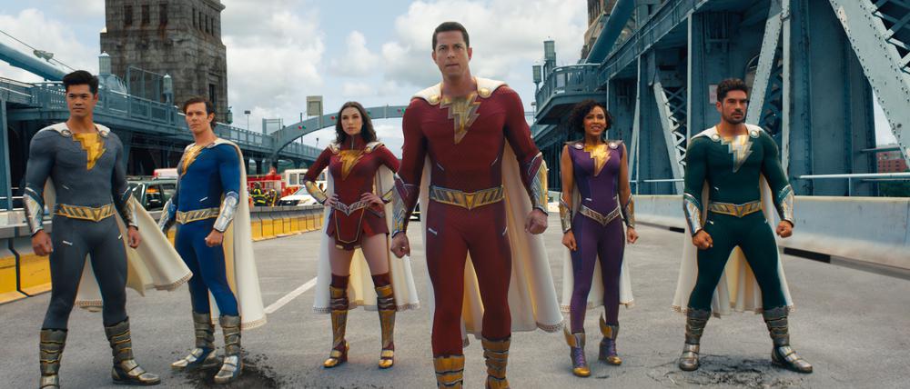 ROSS BUTLER as Super Hero Eugene, ADAM BRODY as Super Hero Freddy, GRACE CAROLINE CURREY as Super Hero Mary, ZACHARY LEVI as Shazam, MEAGAN GOOD as Super Hero Darla and D.J. COTRONA as Super Hero Pedro in “SHAZAM! FURY OF THE GODS,”