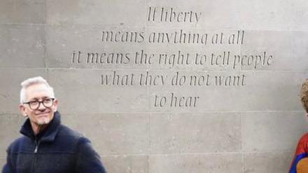 Gary Lineker hat sein Twitter-Profilbild ergänzt: Hier passiert er das George-Orwell-Zitat am BBC-Hauptquartier.