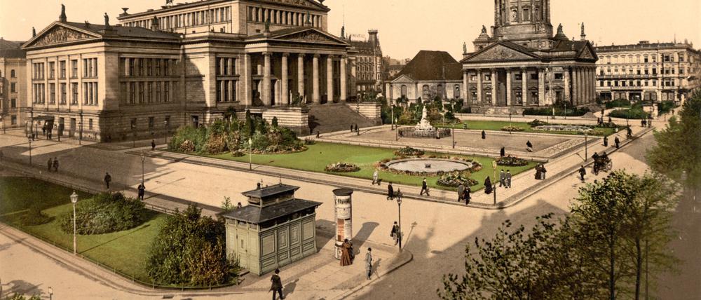 Am unteren Bildrand erkennt man eine „Vollanstalt“ am Gendarmenmarkt. Die Illustration stammt aus dem Jahr 1898.