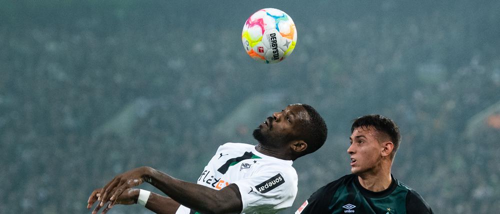 Enges Ding. Gladbachs Marcus Thuram (l) und Bremens Fabio Chiarodia.