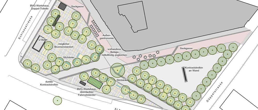 So wünscht es sich das Straßen- und Grünflächenamt: Wasserspiel, Bäume, mehr Platz für Gastronomie.