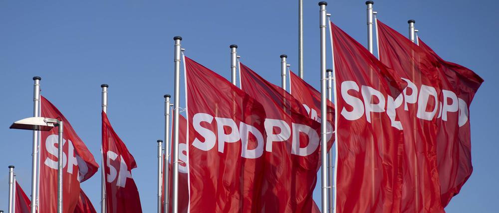 Wehende Fahnen der SPD, Symbolbild.