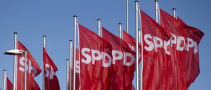 Wehende Fahnen der SPD, Symbolbild.