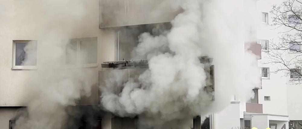 20.03.2023, Berlin: Das Standbild aus einem Video zeigt
dichten Rauch, der bei einem Kellerbrand aus einem 13-geschossigen Wohnhaus im Märkischen Viertel aufsteigt. Fünf Menschen wurden verletzt. 13 weitere Menschen und zwei Hunde wurden aus dem Gebäude am Senftenberger Ring gerettet, wie ein Feuerwehrsprecher sagte. (zu dpa "Hochhaus wegen Kellerbrandes geräumt - Fünf Menschen in Klinik") Foto: TNN/dpa +++ dpa-Bildfunk +++