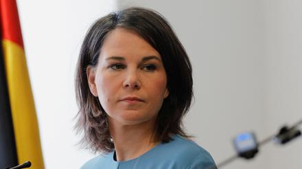 Die deutsche Außenministerin Annalena Baerbock und ihr nordmazedonischer Amtskollege Bujar Osmani (nicht im Bild) sprechen mit Reportern in Skopje.