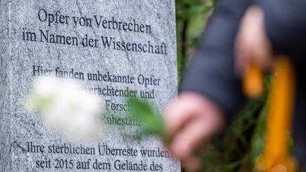 Der Grabstein auf dem Waldfriedhof Dahlem trägt eine Widmung für die Opfer von Verbrechen im Namen der Wissenschaft, aufgenommen nach der Beisetzung der Knochen. 