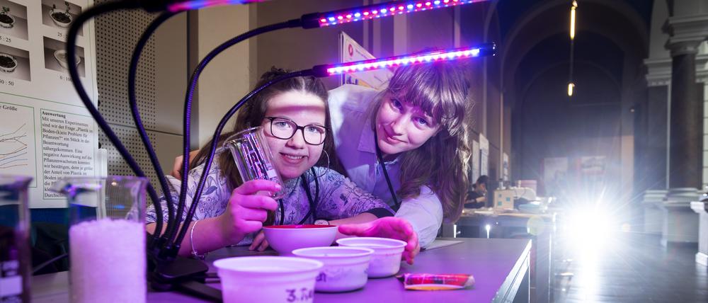 Finja, 14 (li.) und Linnea, 14, erforschen die Wirkung von Plastik im Boden auf das Wachstum von Radieschen.