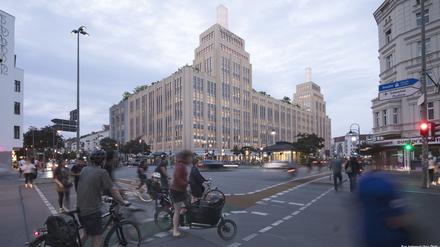 Diese Illustration zeigt die ursprünglichen Neubaupläne für das Karstadt-Gebäude am Hermannplatz. Das Neuköllner Stadtentwicklungsamt hält diese für überdimensioniert. 