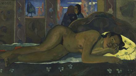 „Nimmermehr“ von Paul Gauguin aus dem Jahr 1897. Der Titel verweist auf Edgar Allen Poes Gedicht „Der Rabe“ an, in dem ein wahnsinnig gewordener Dichter immer wieder das Wort zu hören glaubt.