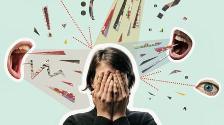 Collage with a woman covering her face and screaming mouths. Bullying, abuse, harassment. Concept.