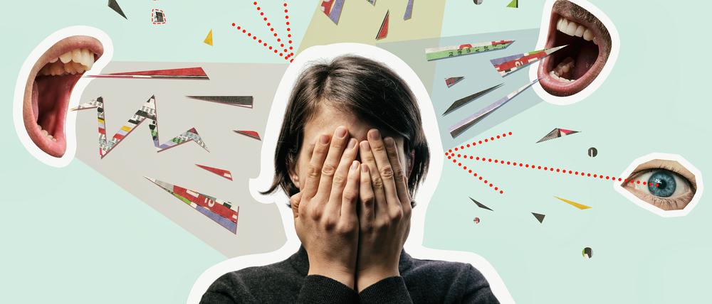 Collage with a woman covering her face and screaming mouths. Bullying, abuse, harassment. Concept.