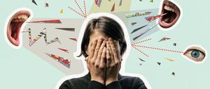 Collage with a woman covering her face and screaming mouths. Bullying, abuse, harassment. Concept.