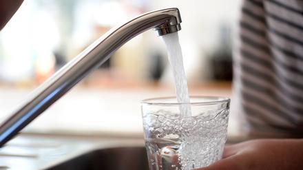 Frisches Leitungswasser fließt sprudelnd aus einem Wasserhahn in ein Glas
Wasser