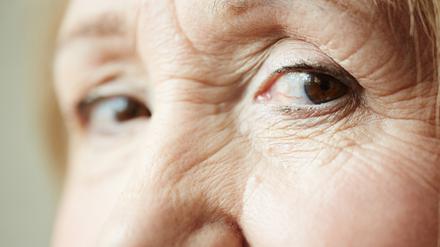 Extreme close-up shot of deep dark brown eyes with wrinkles around them looking at camera.