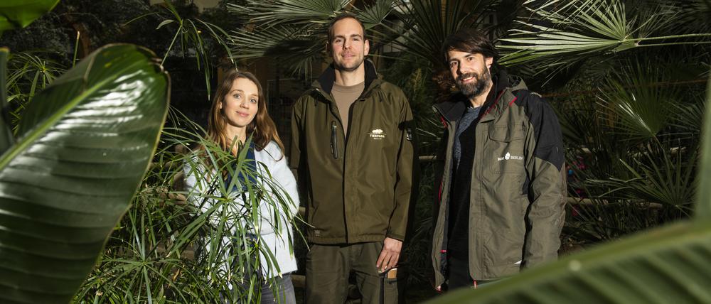 Katharina Sperling, Markus Klamt und Florian Sicks (v. l.) im Giraffenhaus im Zoologischen Garten Berlin.