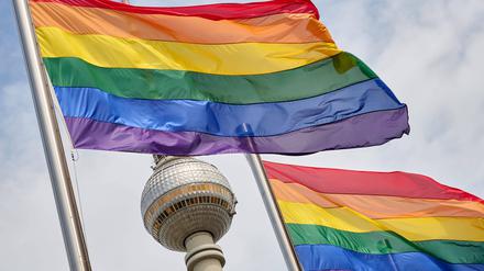 News Bilder des Tages Regenboffenflaggen vor dem Berliner Fenrsehturm beim traditionellen Hissen der Regenbogenfahne am Roten Rathaus in Berlin anlässlich des Berliner Pride-Sommers . / Rainbow flags in front of the Berlin Fenrsehturm during the traditional raising of the rainbow flag at the Red City Hall in Berlin on the occasion of the Berlin Pride Summer . snapshot-photography/F.Boillot *** Rainbow flags in front of the Berlin Fenrsehturm during the traditional raising of the rainbow flag at the Red City Hall in Berlin on the occasion of the Berlin Pride Summer snapshot photography F Boillot