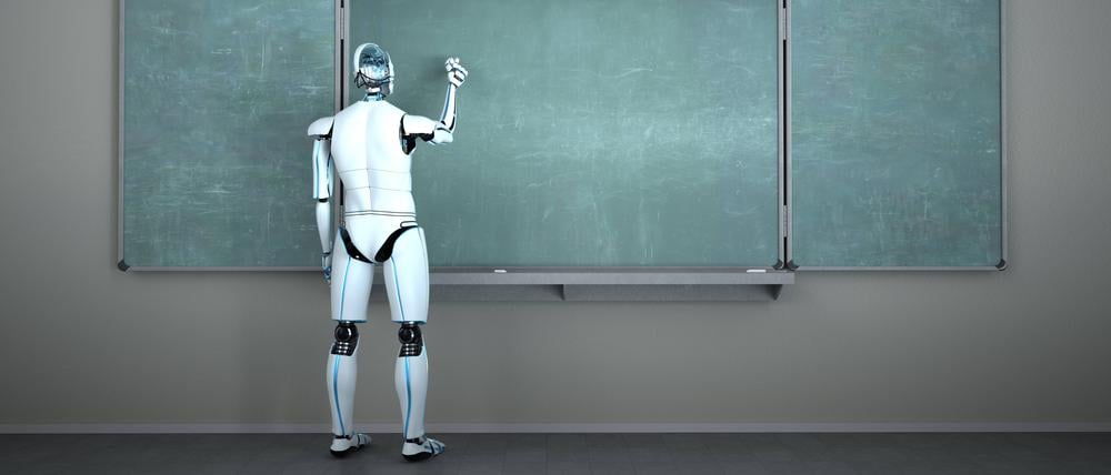 Humanoid Robot Chalk Board Writing Teacher Humanoid robot in the classroom with a green chalk board. 3d illustration.