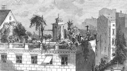 Dachgarten des Maurermeisters Carl Rabitz in Berlin. Abbildung aus der Schrift von Rabitz, Verfassung von Theofil Bittkow „Naturdächer von vulkanischem Cement“, 1867 via Google Books.
