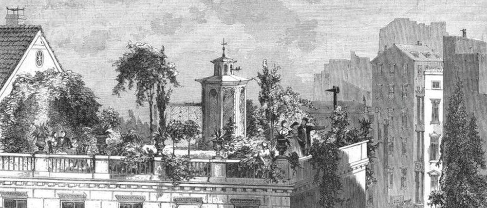 Dachgarten des Maurermeisters Carl Rabitz in Berlin. Abbildung aus der Schrift von Rabitz, Verfassung von Theofil Bittkow „Naturdächer von vulkanischem Cement“, 1867 via Google Books.
