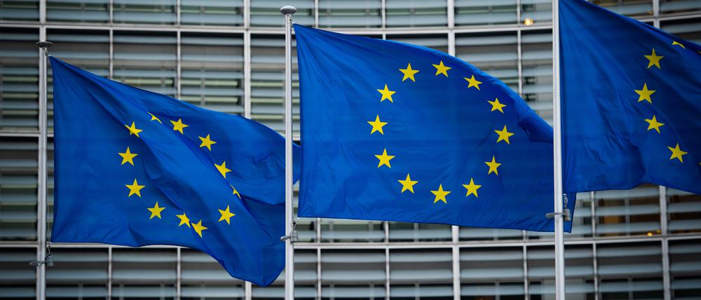 Flaggen der Europäischen Union wehen im Wind vor dem Berlaymont-Gebäude der Europäischen Kommission in Brüssel.