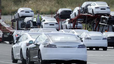 Neue Autos von Tesla werden im Tesla-Elektroautowerk auf einen Transporter geladen (Symbolbild)