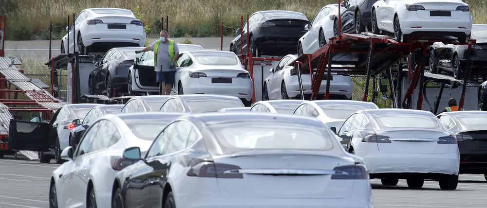 Neue Autos von Tesla werden im Tesla-Elektroautowerk auf einen Transporter geladen (Symbolbild)