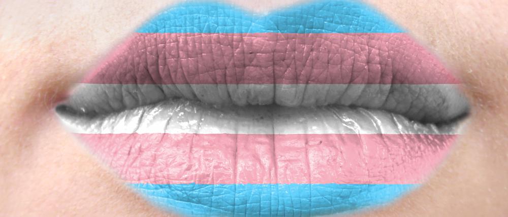 Female lips close up with a picture flag of Transgender.
