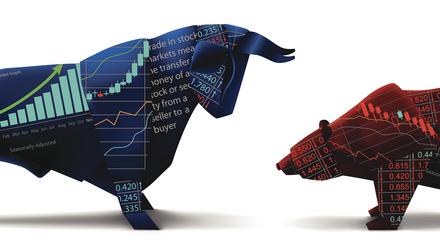 An der Börse symbolisiert der Bulle steigende Kurse, der Bär fallende.