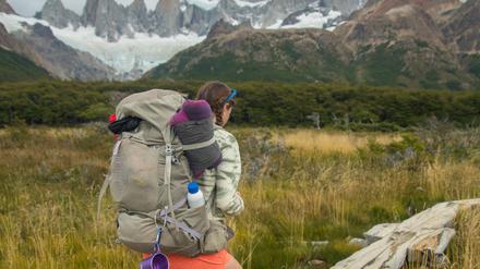Wanderer geht auf einem Holzsteg, Torres del Paine