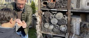 Matthias Schüller setzt einem Schüler im Wildbienenschaugarten in Schöneweide eine Wildbiene auf die Hand