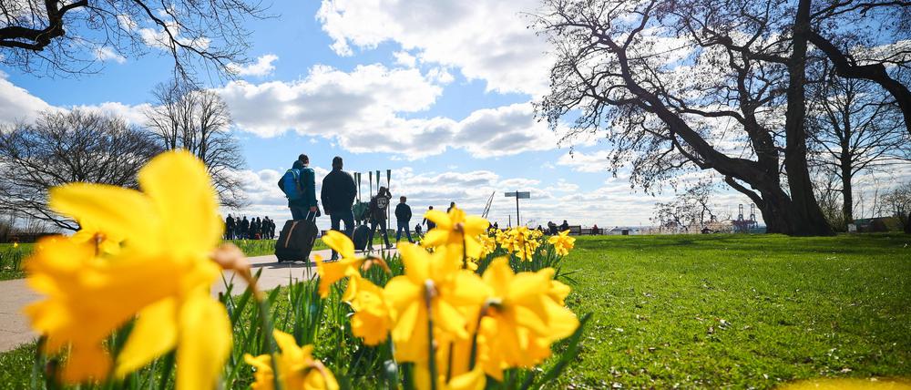 Passanten gehen bei strahlendem Sonnenschein auf einem Fußweg zum Altonaer Balkon an der Elbe.