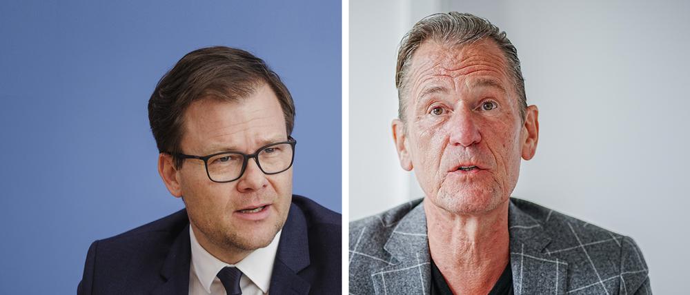 Der Ostbeauftragte der Bundesregierung, Carsten Schneider (links) und Mathias Döpfner, Vorstandsvorsitzender der Axel Springer SE (rechts).