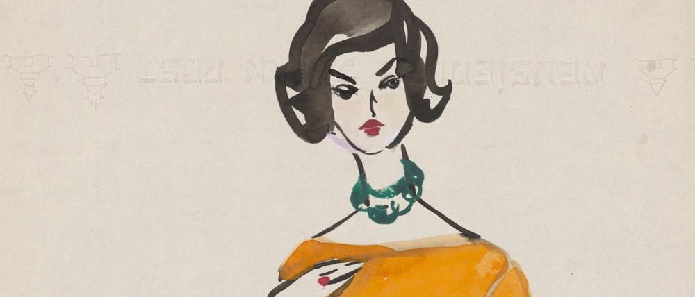 Frau in gelbem Etuikleid: eine Berliner Modezeichnung um 1955-1958