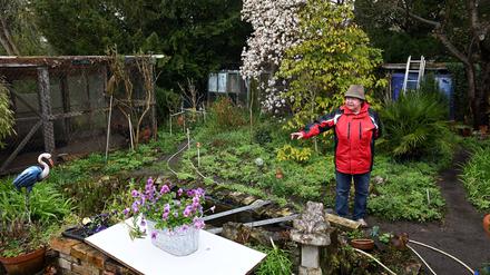 15.04.2023, Brandenburg, Potsdam: Garteninhaberin Bärbel Metz zeigt ihren für die Öffentlichkeit geöffneten Privatgarten in Potsdam. Von April bis September öffnen über 100 private Gärten in Potsdam, Berlin und Umland und laden zum Flanieren, Genießen und Fachsimpeln ein. Foto: Michael Bahlo/dpa - Honorarfrei nur für Bezieher des Dienstes ZB-Funkregio Ost +++ ZB-FUNKREGIO OST +++