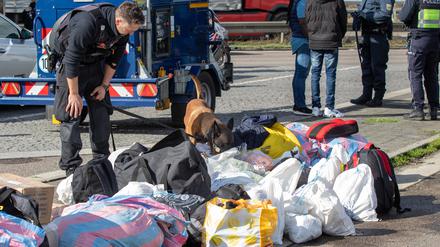 Ein Polizist mit Hund beschnüffelt Taschen und Tüten von Reisenden.