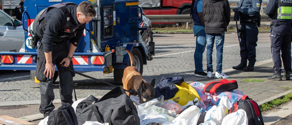 Ein Polizist mit Hund beschnüffelt Taschen und Tüten von Reisenden.