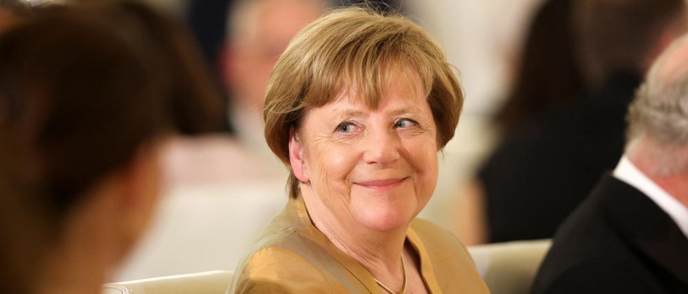 Die ehemalige deutsche Bundeskanzlerin Angela Merkel beim Staatsbankett mit dem britischen König Charles am 29. März 2023 in Berlin.