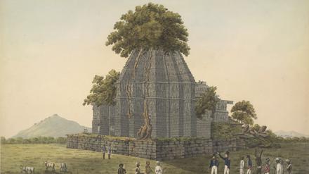 Eine der Tempelruinen des Königreichs Vijayanagar, hier auf einer Zeichnung, die zwischen 1790 und 1810 entstanden sein muss.