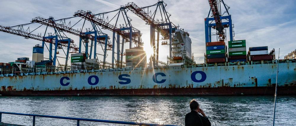 Ein Containerschiff am Hamburger Hafen. 