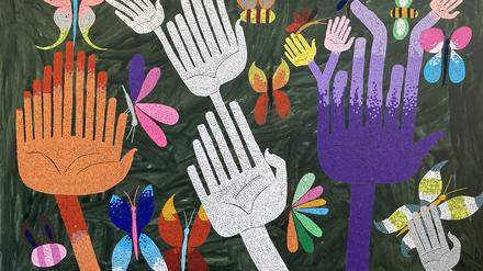 Die Galerie Clages aus Köln zeigt die Collage „Green Hand Polyps“ von Juan Pérez Agirregoikoa und Shila Khatami.