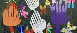 Die Galerie Clages aus Köln zeigt die Collage „Green Hand Polyps“ von Juan Pérez Agirregoikoa und Shila Khatami.