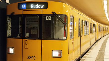 Berlin, Germany. Retrospective but refurbished subway train of U-Bahn at a platform of the U7 line between Spandau in te South-West and Rudow in the South of the German Capitol. This U-Bahn line was often used by Christiane F in the 1970´s, during her era at Bahnhof Zoo, as described in her biography.